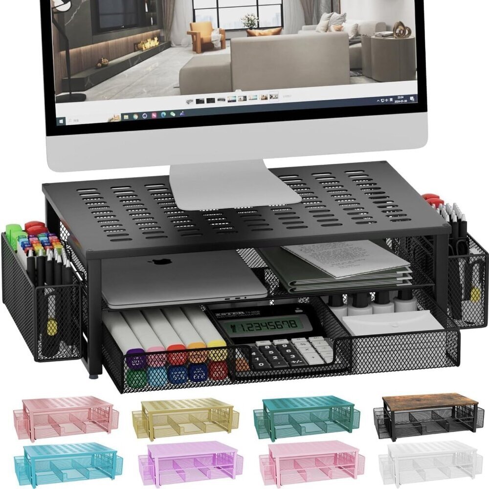 Desk Computer Monitor Stand Riser with Drawer and 2 Pen Holder, Desk Organizer,